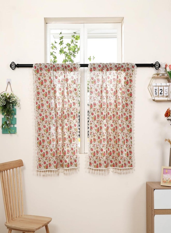 Moslovstar 2 Panels Linen Tassels Curtains Farmhouse Red Rose Flower Vintage Semi Sheer Window Curtain for Kitchen Bathroom, 26x36in Tiers Curtain - Image 2